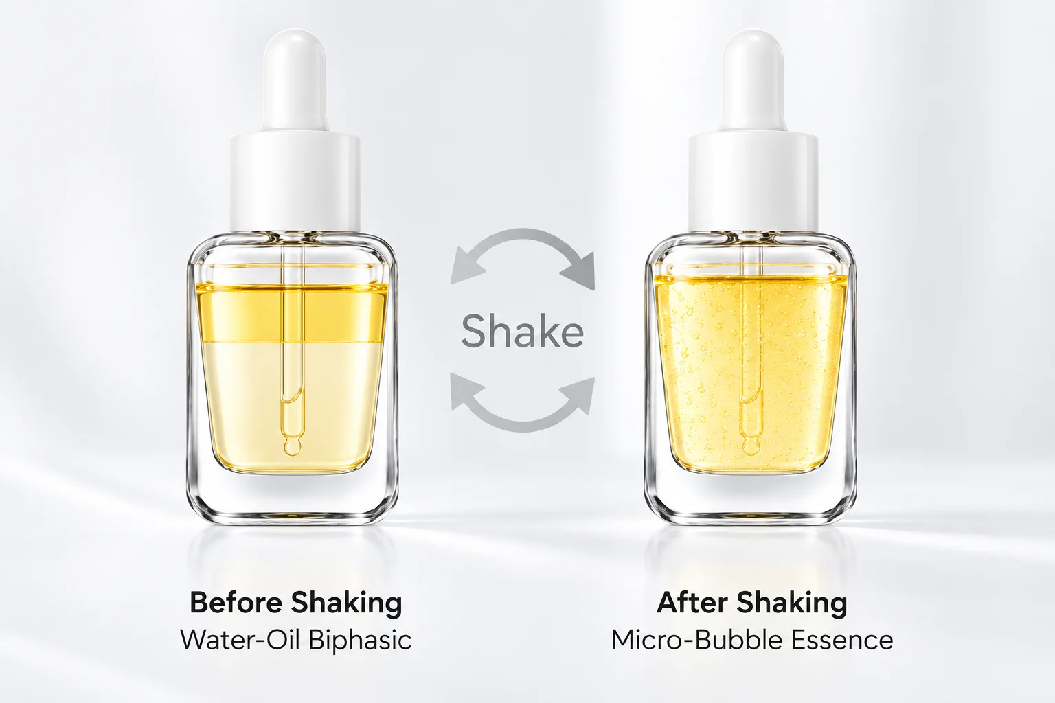 Two glass dropper bottles of a biphasic serum shown side by side; one with water and oil layers separated ('Before Shaking') and another with a mixed solution forming micro-bubbles ('After Shaking').